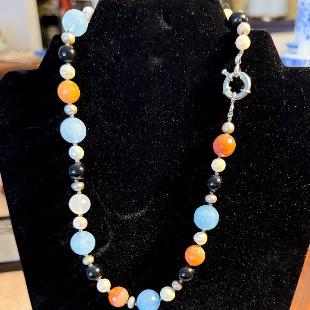Genuine semi-precious beads & pearl silver necklace 18 inch handmade in Italy